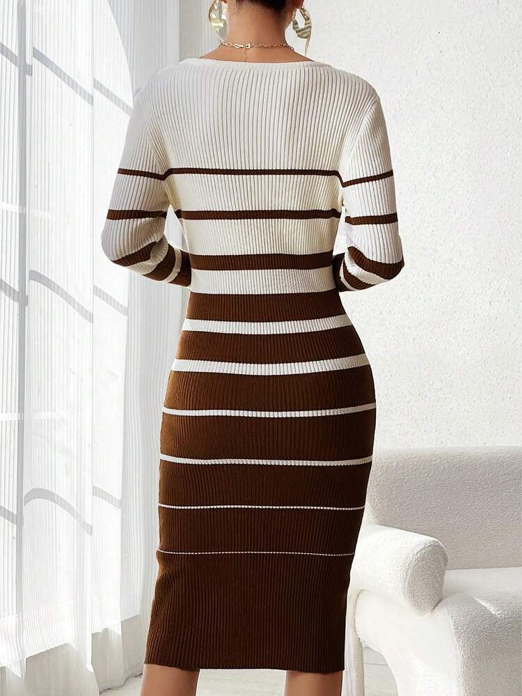 Women's Color Block Striped Ribbed Knit Sweater Dress Fall Cloth For Women