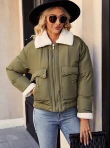 SHEIN LUNE Fuzzy Collar & Cuffs Zipper Front Padded Padded Coat Clothes Winter Fall Cloth For Women - Army Green - View 6