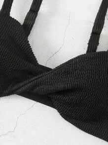 SHEIN Swim 纯色扭纹比基尼上衣 嘉年华 夏季 - 黑色 - 查看 6