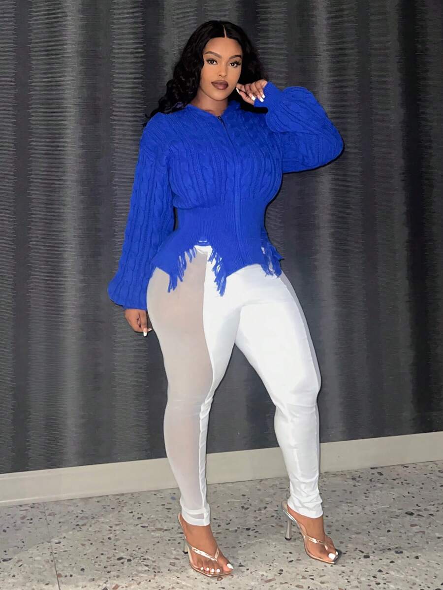 Slaydiva Kích thước lớn Của phụ nữ áo có mũ Dây kéo Áo len Mở Với Frayed Hem - Màu xanh lam - Xem 1