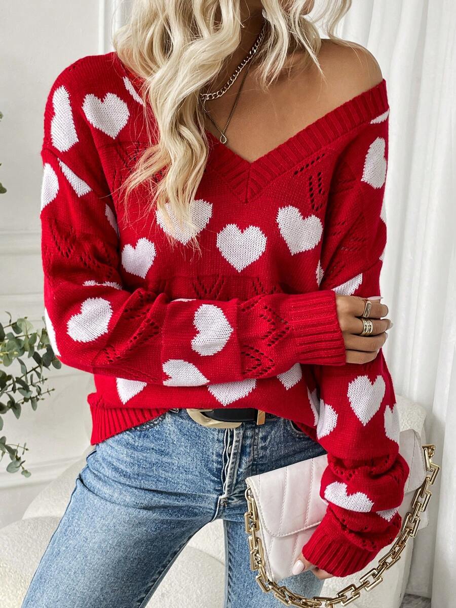 Chiquease Heart Pattern Drop Shoulder Sweater Knit Pullover Fall Winter Outfit - Red - View 1
