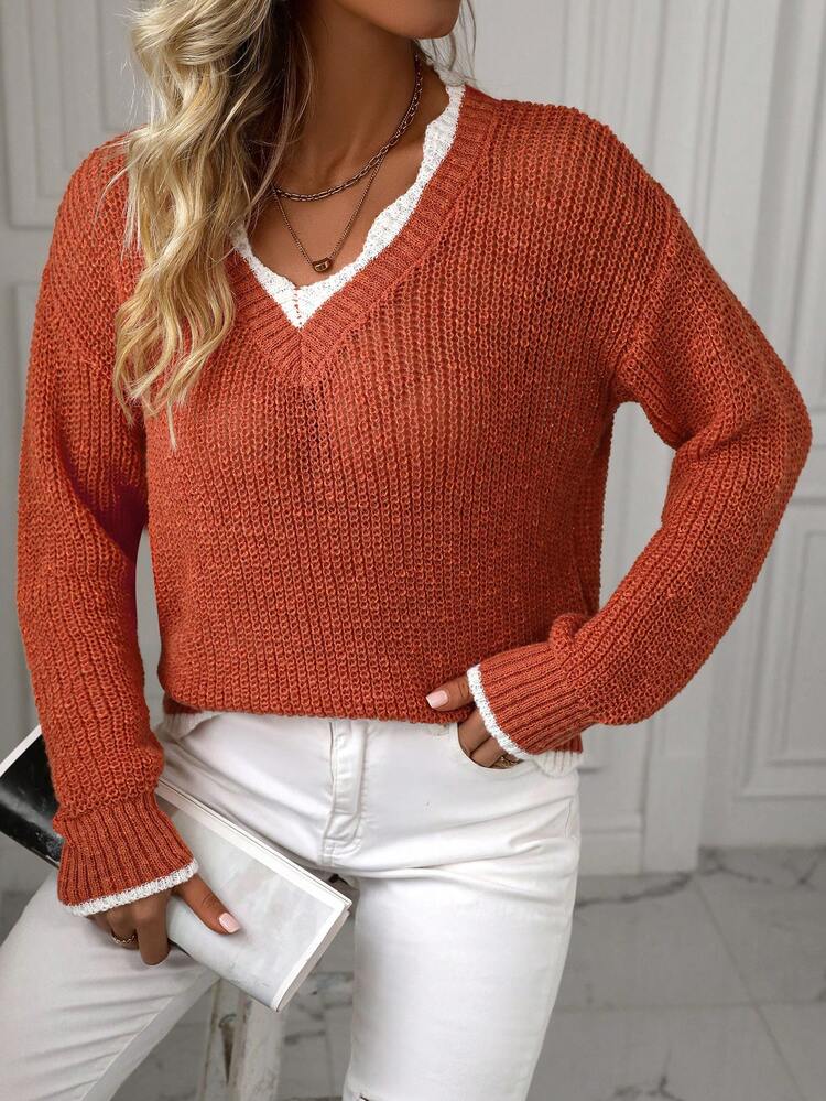 Women's Color Block Drop Shoulder Sweater With Scallop Hem Knit Pullover Fall Winter Sweater
