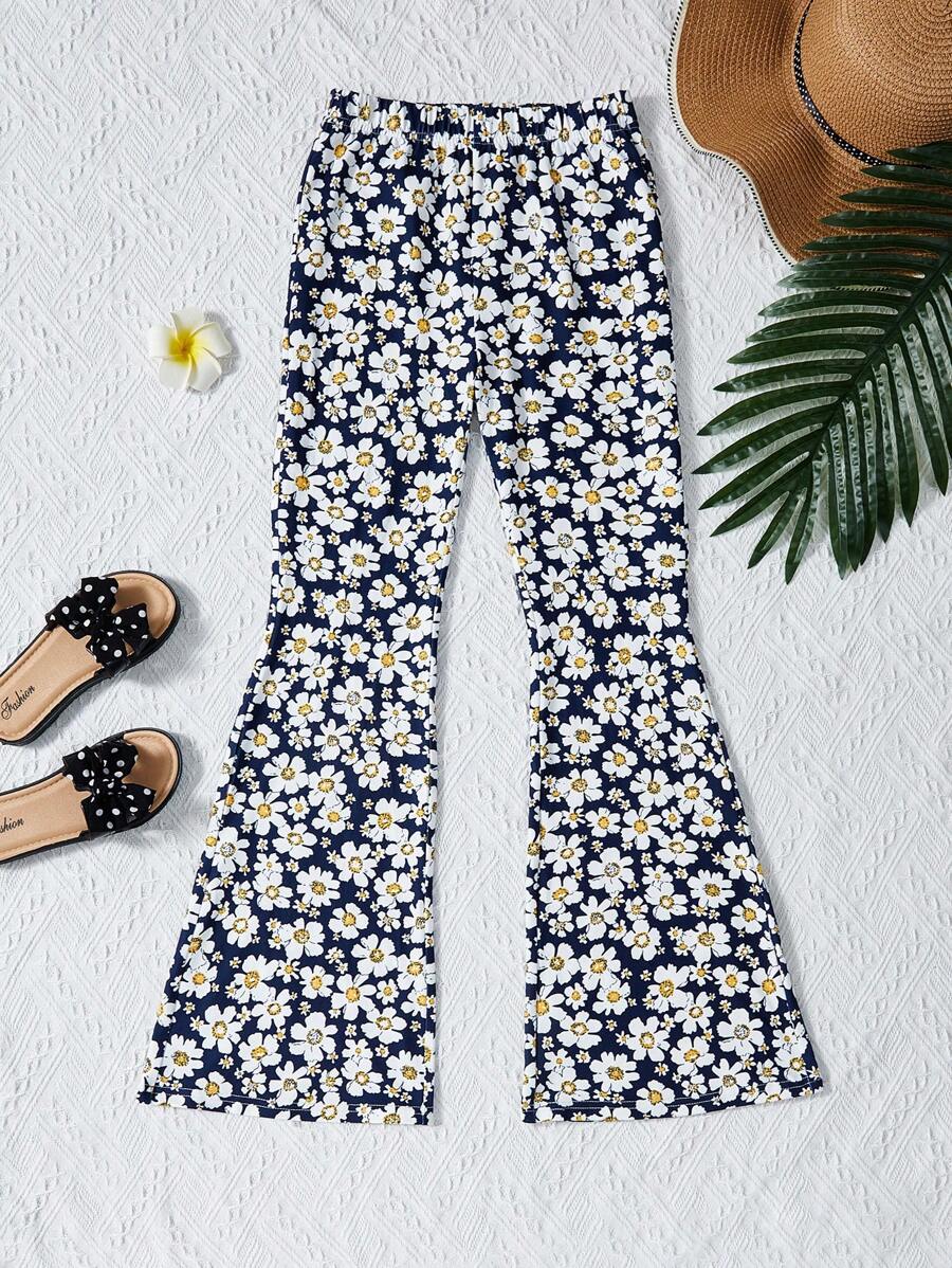 Tween Girl Allover Floral Print Flared Leg Pants - Black - View 1