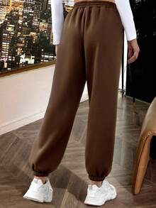 Pantalones Deportivos Con Cintura Elástica Y Estampado De Letras - Café integral - Ver 2
