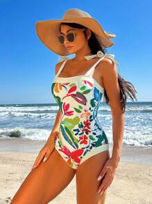 Swim Vcay Summer Beach Floral Print One-Piece Swimsuit And Beach Skirt
