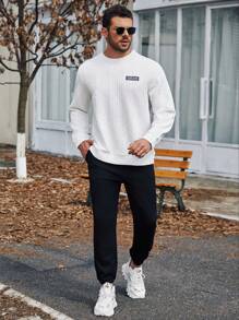 SHEIN Manfinity Homme 男士加大尺碼長袖休閒運動衫,帶修補文字 - 白色 - 查看 5