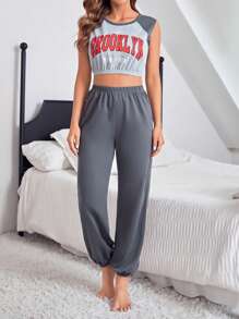Letter Print Crop Top And Long Pants Pajama Set - Multicolor - View 3