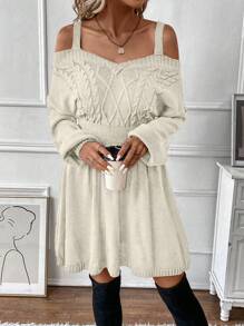 SHEIN Clasi Màu thuần A-line Đầm Áo len Với Thìa Tay áo - Màu be - Xem 4