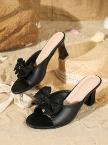 新款黑色粗跟蝴蝶結圓頭露趾媽媽鞋，時尚派對高跟涼鞋女士款 - 黑色 - 查看 7
