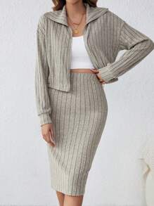 SHEIN Privé 鬆身拉鍊前開的夾克和裙子套裝,降肩袖款式 - 杏色 - 查看 1