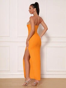 Modphy Đầm maxi cúp ngực, xẻ cao đến đùi, đính đá lấp lánh, thích hợp làm đầm phù dâu cho đám cưới và tiệc tùng. - trái cam - Xem 2
