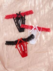 3pcs/set Sexy Pearl Decor Underwear - Multicolor - View 5