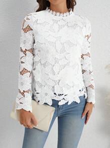 SHEIN Clasi Blusa De Encaje De Color Sólido Para Damas - Blanco - Ver 4
