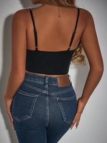SHEIN Privé Hoa & Ren Nối Ngắn Áo ba lỗ Áo - màu đen - Xem 2