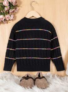 SHEIN Little Girls' Knitted Cardigan With Color Block Pattern - Black - View 2