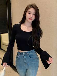 DAZY Của phụ nữ Màu thuần Vòng cổ Sọc Tay áo chuông Áo len - màu đen - Xem 8