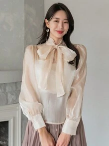 DAZY 1件女士商务休闲纯色缎带领衬衫，秋季长袖上衣外出上衣 - 香檳色 - 查看 4