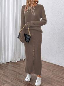 SHEIN Clasi Button Decoration Raglan Sleeve Sweater And Knitted Skirt Set - Mocha Brown - View 4