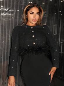 SHEIN SXY 新年女式閃亮亮片金屬扣流蘇下擺短羊毛夾克 - 黑色 - 查看 4