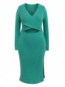 SHEIN Unity Plus Size Hollow Out Knitted Wrap Front Slit Sweater Dress - Green - View 1