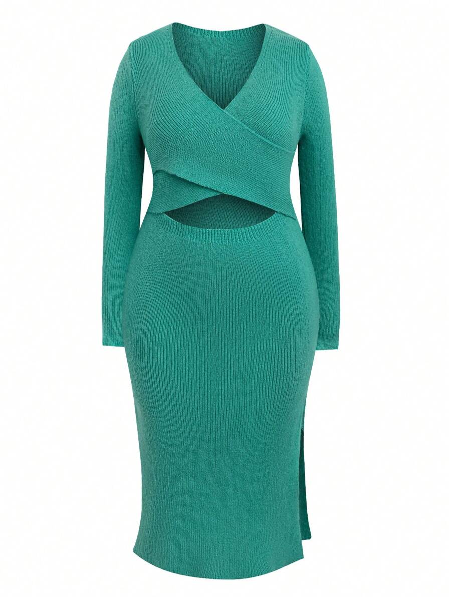 SHEIN Unity Plus Size Hollow Out Knitted Wrap Front Slit Sweater Dress - Green - View 1