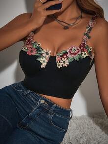 SHEIN Privé Hoa & Ren Nối Ngắn Áo ba lỗ Áo - màu đen - Xem 3