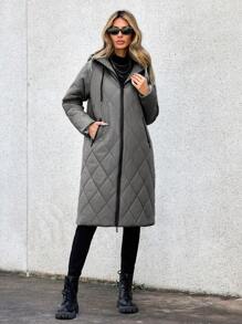 SHEIN Essnce Women's Solid Color Long Sleeve Zip-Front Long Hooded Padded Casual Jacket For Winter - Grey - View 7
