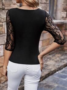 SHEIN Clasi Lace Patchwork Half Sleeve Slim Fit T-shirt - Black - View 3