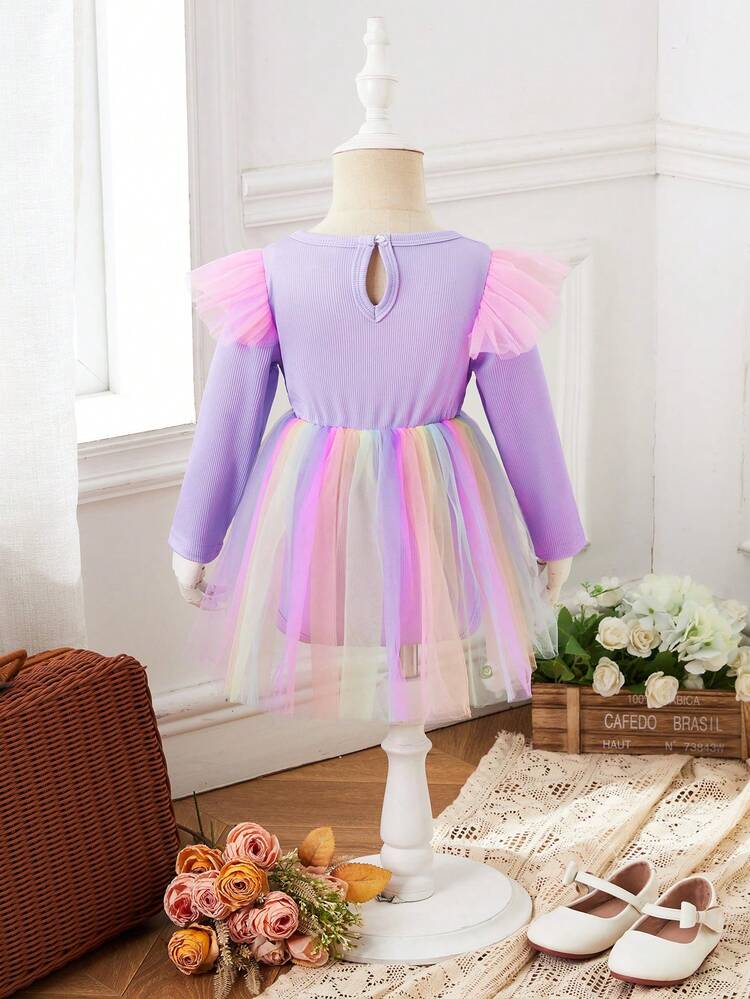 Infant Girls' Cartoon Print Mesh Splice Bodysuit Dress