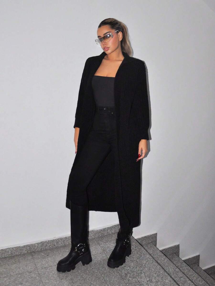 SHEIN ICON Màu thuần Dài Áo len Mở - màu đen - Xem 1