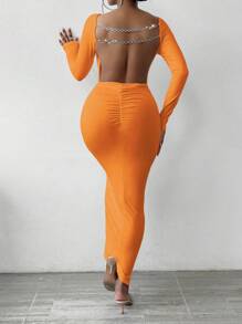 SHEIN Slayr Backless Chain Detail Pleated Dress - Burnt Orange - View 2
