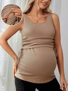 SHEIN 孕婦束腰設計,褶皺按鈕母乳坦克上衣 - 卡其色 - 查看 1
