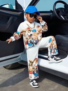 SHEIN Explorewe 幼兒男童簡約時尚休閒印花運動套裝,適合秋冬穿著 - 白色 - 查看 4