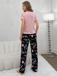 Cute Pink Women Pajama Set With Round Neck Top And Geometric Print Pants For Sleepwear - Pink - View 2