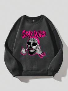 SHEIN EZwear Ladies' Character & Alphabet Print Thermal Lined Sweatshirt - Dark Grey - View 3