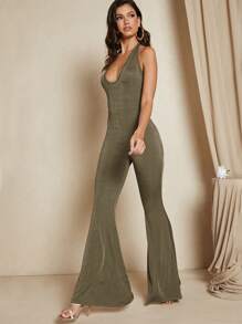 SHEIN BAE Của phụ nữ Màu thuần Halter Neck Áo liền quần Với Pháo sáng Chân - xanh quân đội - Xem 1