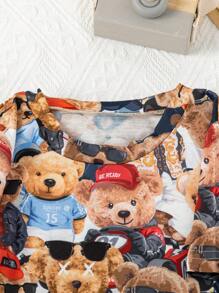 SHEIN Young Boys' Cartoon Print T-Shirt, Solid Color Vest And Cargo Shorts Set With Bear Detail