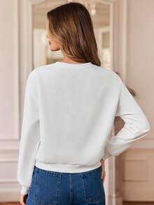 SHEIN Frenchy Love Thêu trái tim Cổ thuyền viên Thả vai Tay áo dài Áo nỉ - trắng - Xem 4