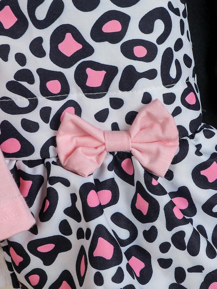 Baby Girls' Cat Printed Base Shirt + Leopard Print Padded Vest+base Pants, Cute Fashionable Cool 3pcs Set For Autumn And Winter