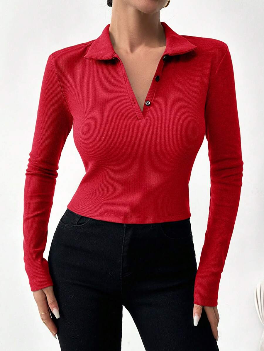 SHEIN Cottnline Solid Polo Neck Tee - Red - View 1