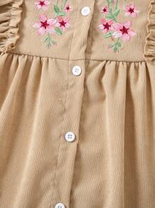 SHEIN 女童小花卉刺繡裙,單排釦扣設計,褶邊下擺 - 杏色 - 查看 6