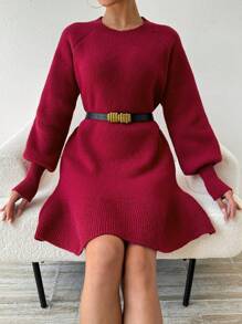 Chiquease 女用荷葉邊下擺插肩袖毛衣洋裝 - 酒紅色 - 查看 3