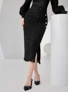 Modelyn Button Front Raw Hem Tweed Skirt - Black - View 1