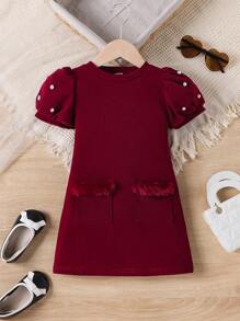 SHEIN 小女孩復古簡約珍珠扣豆芽袖連衣裙 - 酒紅色 - 查看 1