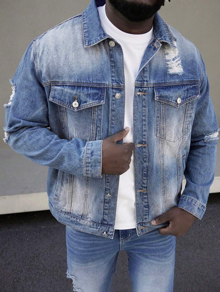 Manfinity Homme Nam Kích thước lớn Denim mùa giặt Rách Áo khoác denim - Màu xanh lam - Xem 1