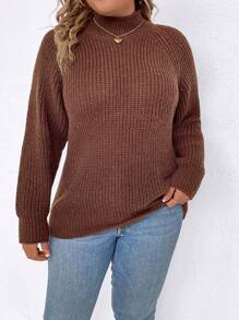 SHEIN LUNE Plus Size Women's Stand Collar Raglan Sleeve Pullover Sweater Knit Pullover Fall Winter Sweater - Coffee Brown - View 1