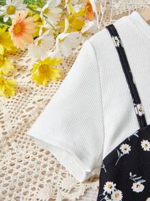 Leap Crew 雙層針織花卉印花連衣裙,圓領,適合十幾歲的女孩穿著 - 黑色 - 查看 7