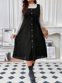 Franclia Plus Size Solid Corduroy Dress With Front Buttons