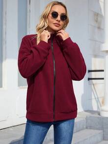 SHEIN EZwear 純色立領落肩休閒夾克 - 紅色 - 查看 7