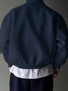 Claim Dot Men Casual Loose Stand Collar Letter Pattern Drop Shoulder Quarter Zip Sweatshirt, Fall, Long Sleeve Top